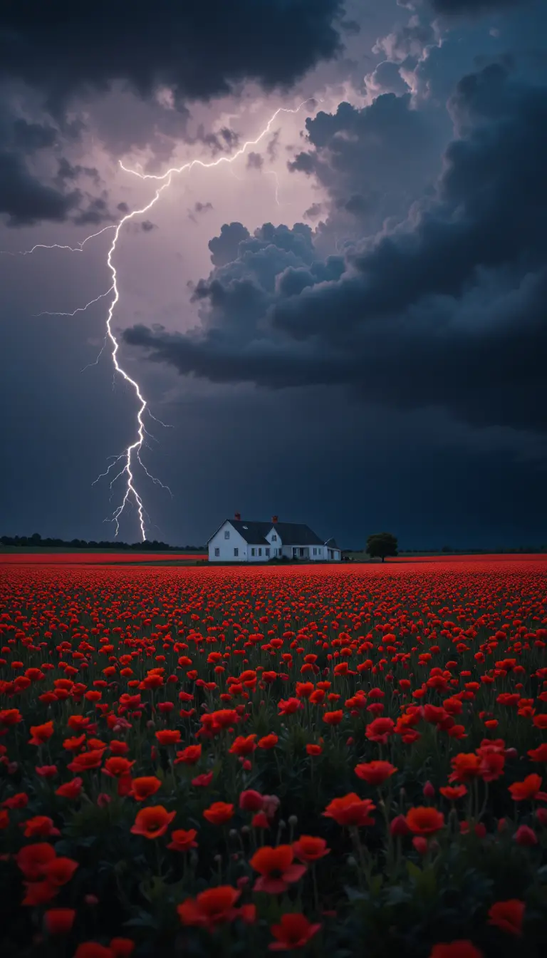 White Farmhouse Amid Red Poppy Field Under Storm Sky