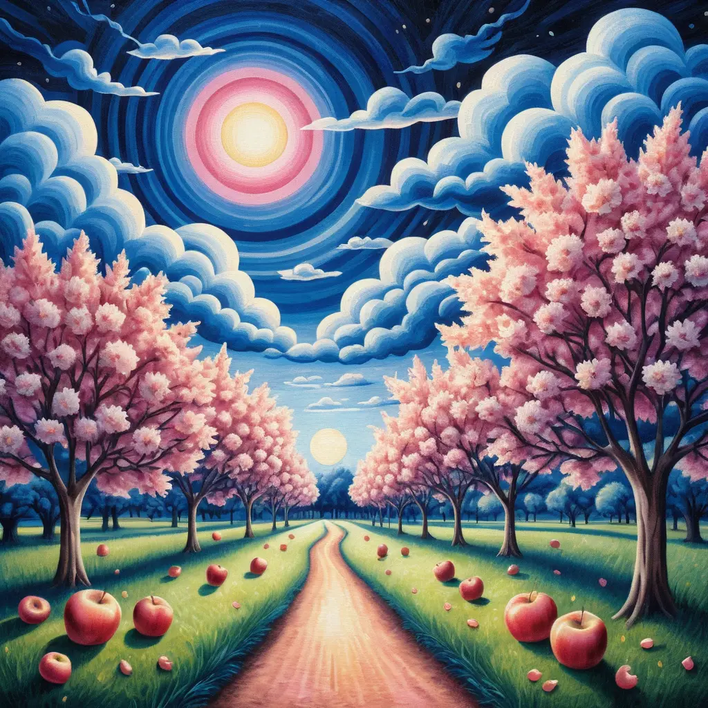 Surreal summer orchard with central apple trees in blue and pink