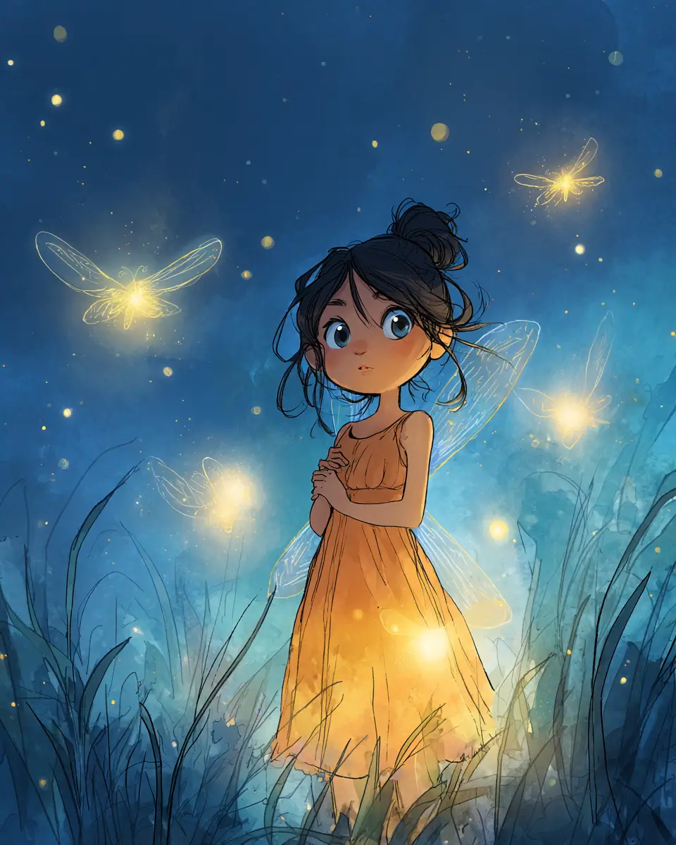 Summer fairy child glowing softly at twilight with fireflies