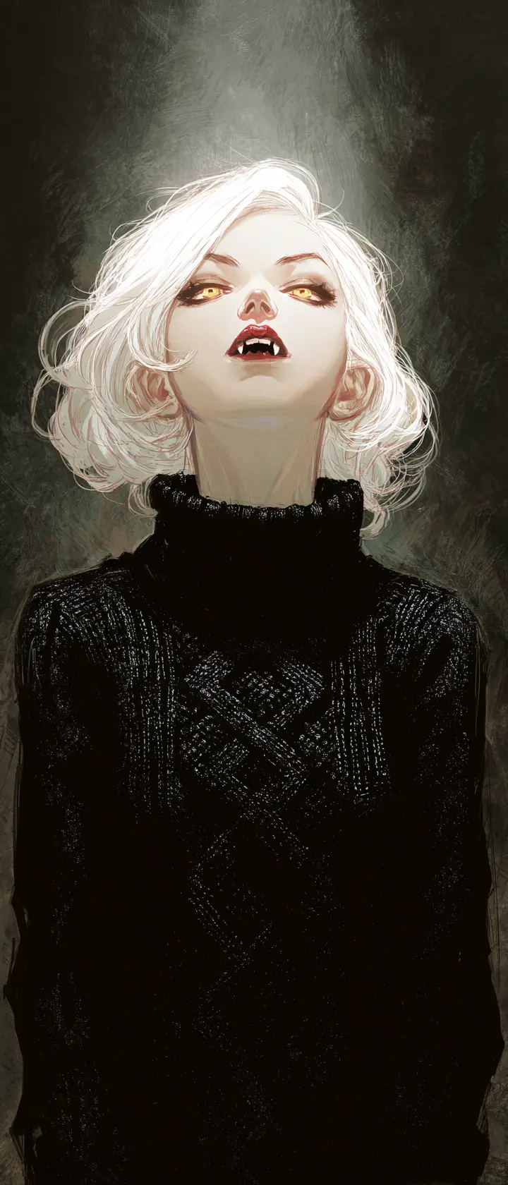 Serene gothic vampire woman in a dark misty portrait