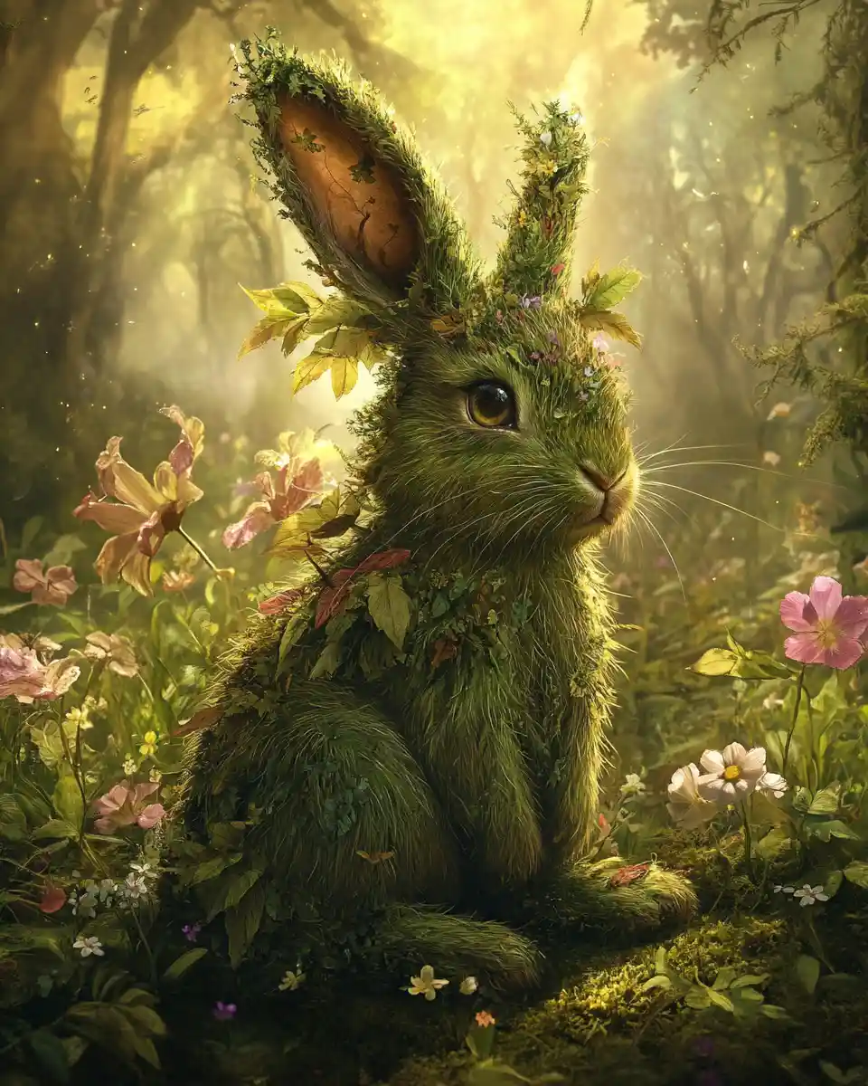 Whimsical forest rabbit among wildflowers and ferns