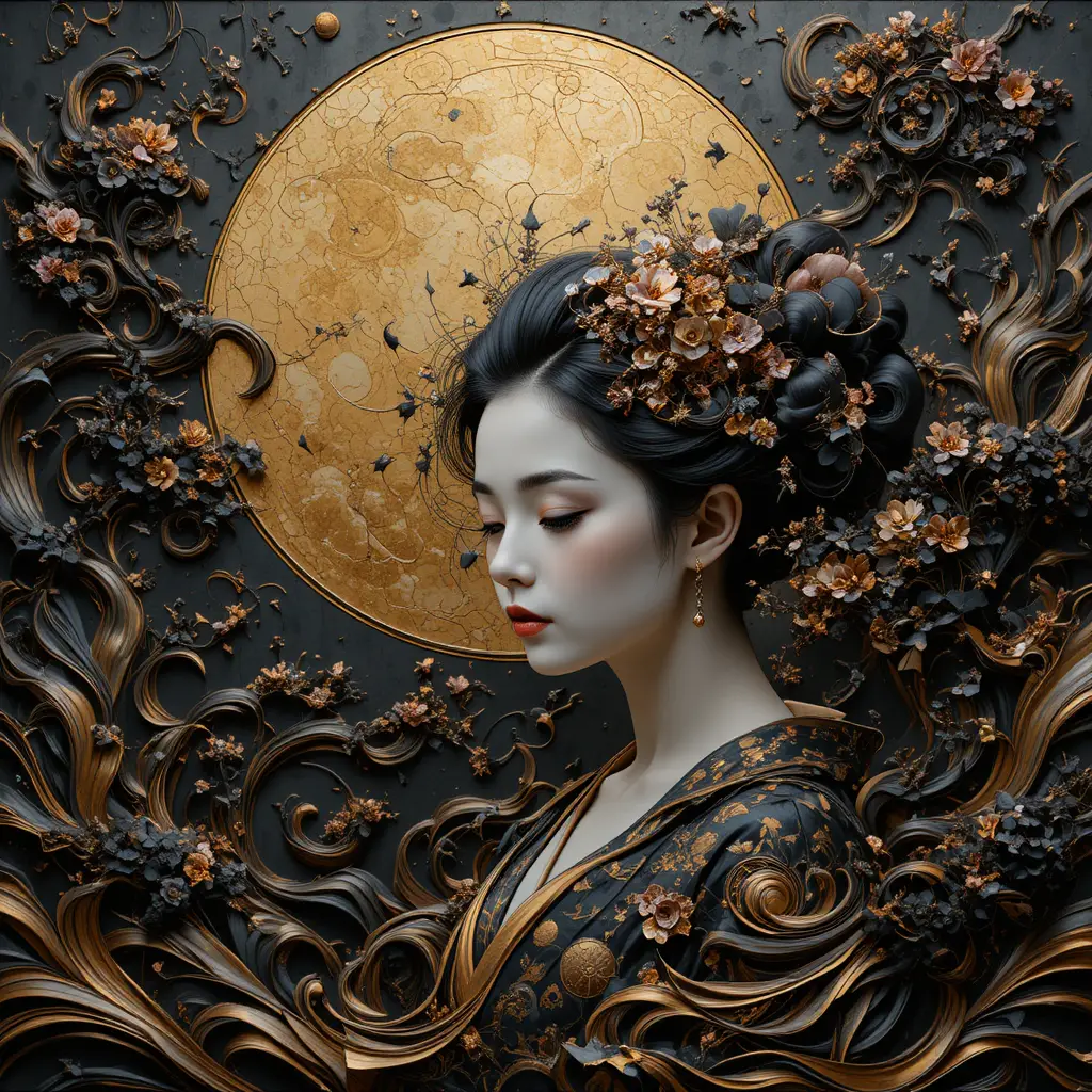 Geisha under a full moon in black and gold relief