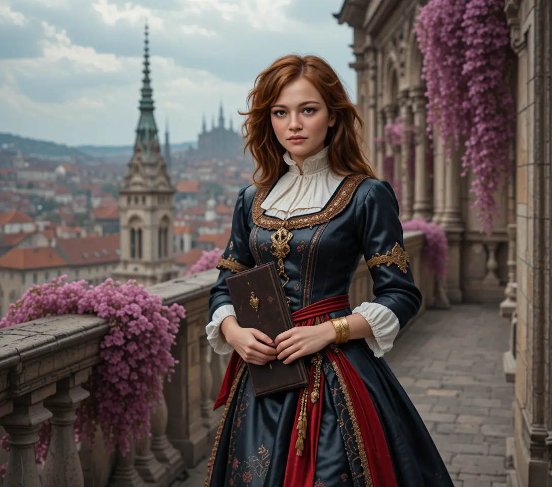 Medieval noblewoman walking along a gothic palace belvedere