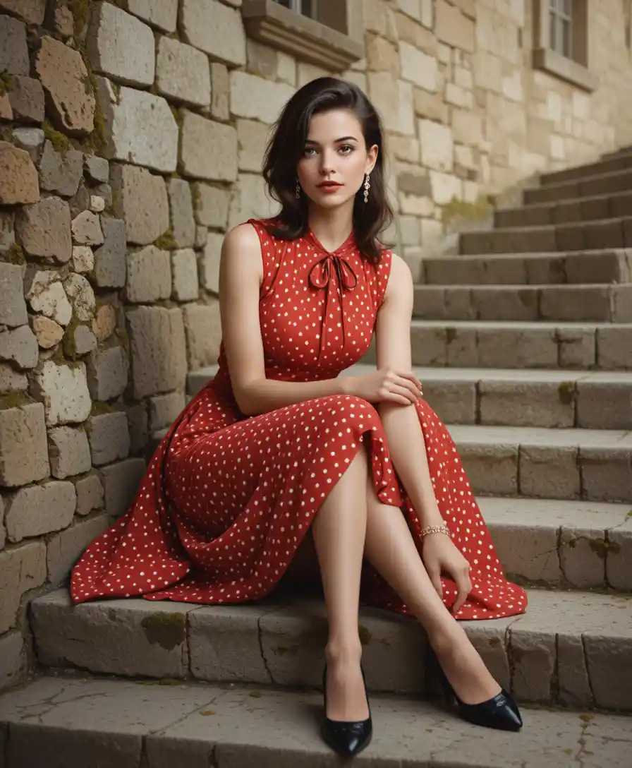 Elegante donna sui gradini di pietra con abito rosso vintage