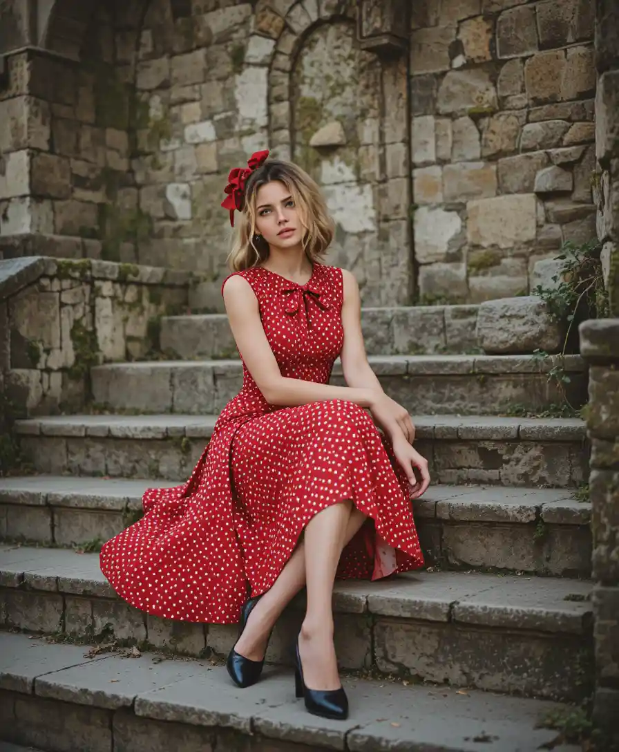 Elegante donna in abito rosso su antichi gradini di pietra