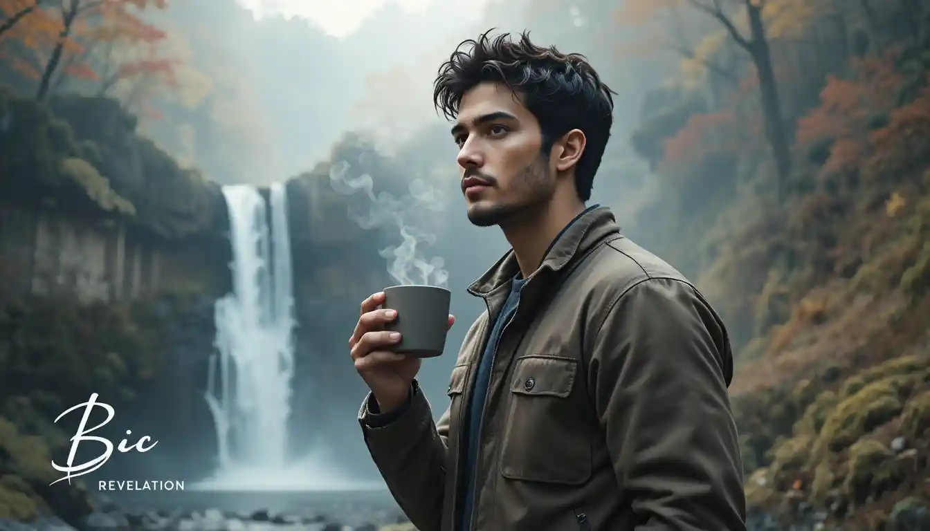 Man enjoying coffee beside tranquil Japanese waterfall