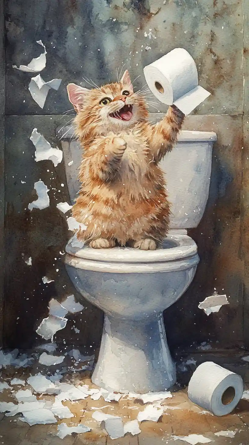 Playful stray cat unrolling toilet paper in a bathroom