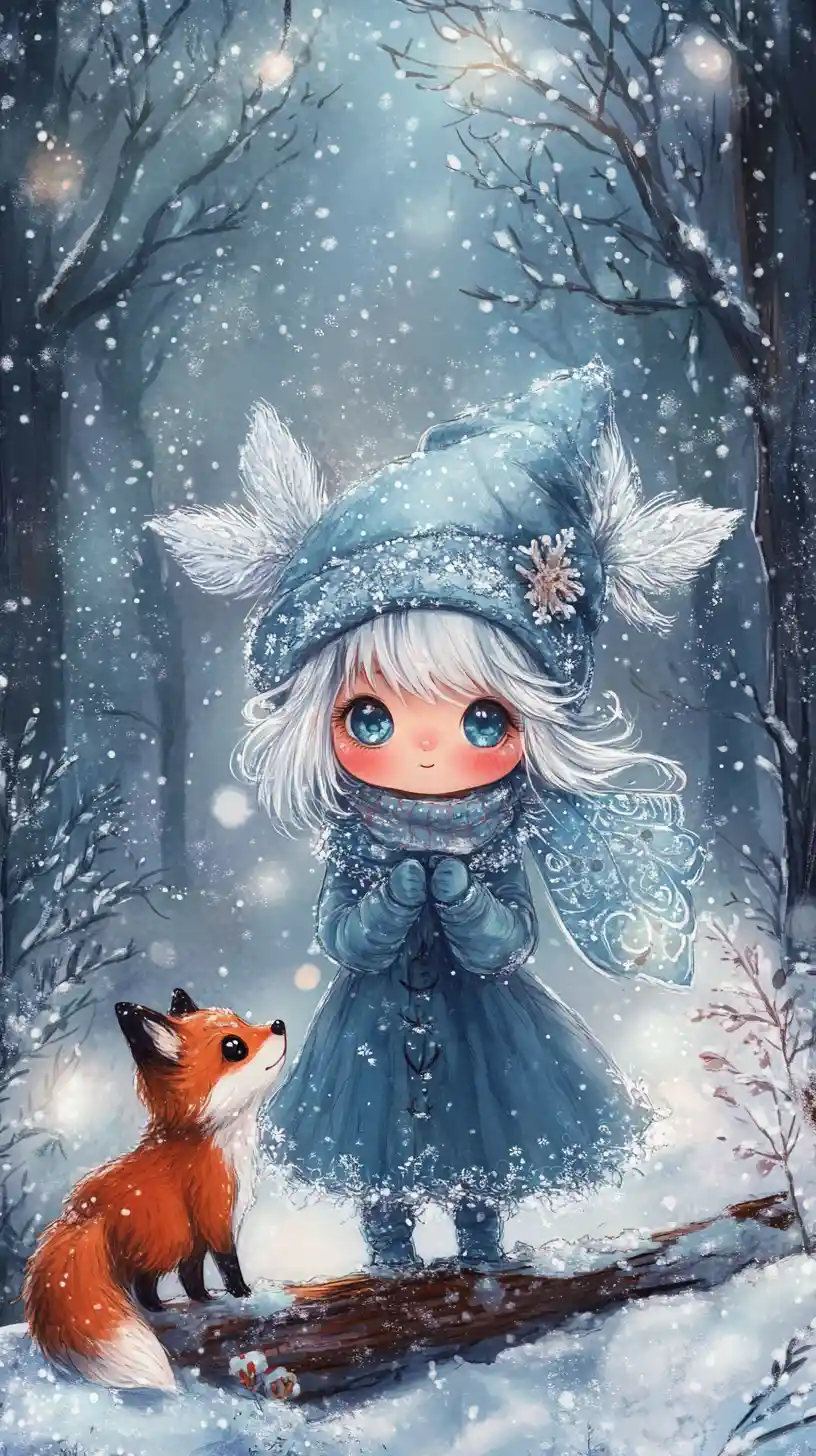 Winter fairy child and fox in enchanted snowy forest