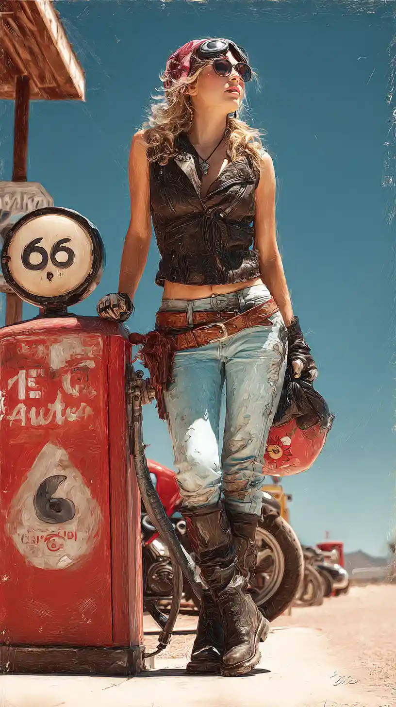 Biker woman on Route 66 near a vintage gas pump