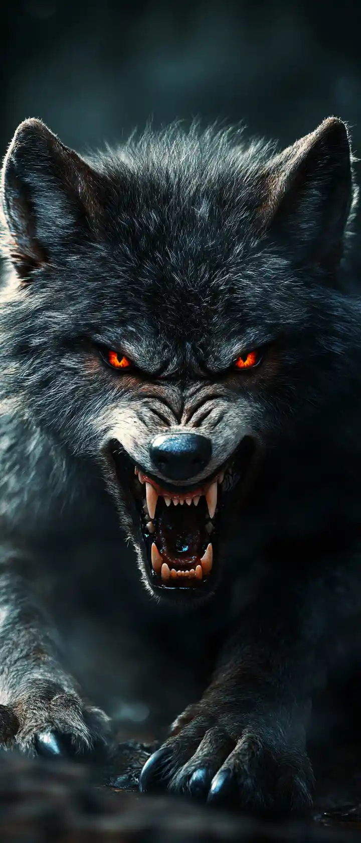 Angry silver wolf cub glaring under bright moonlight