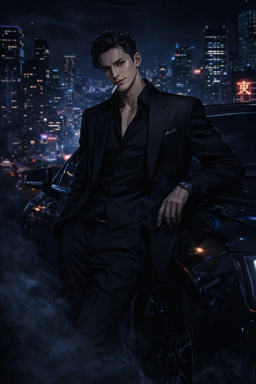 Young mafia heir leaning on a luxury car at night