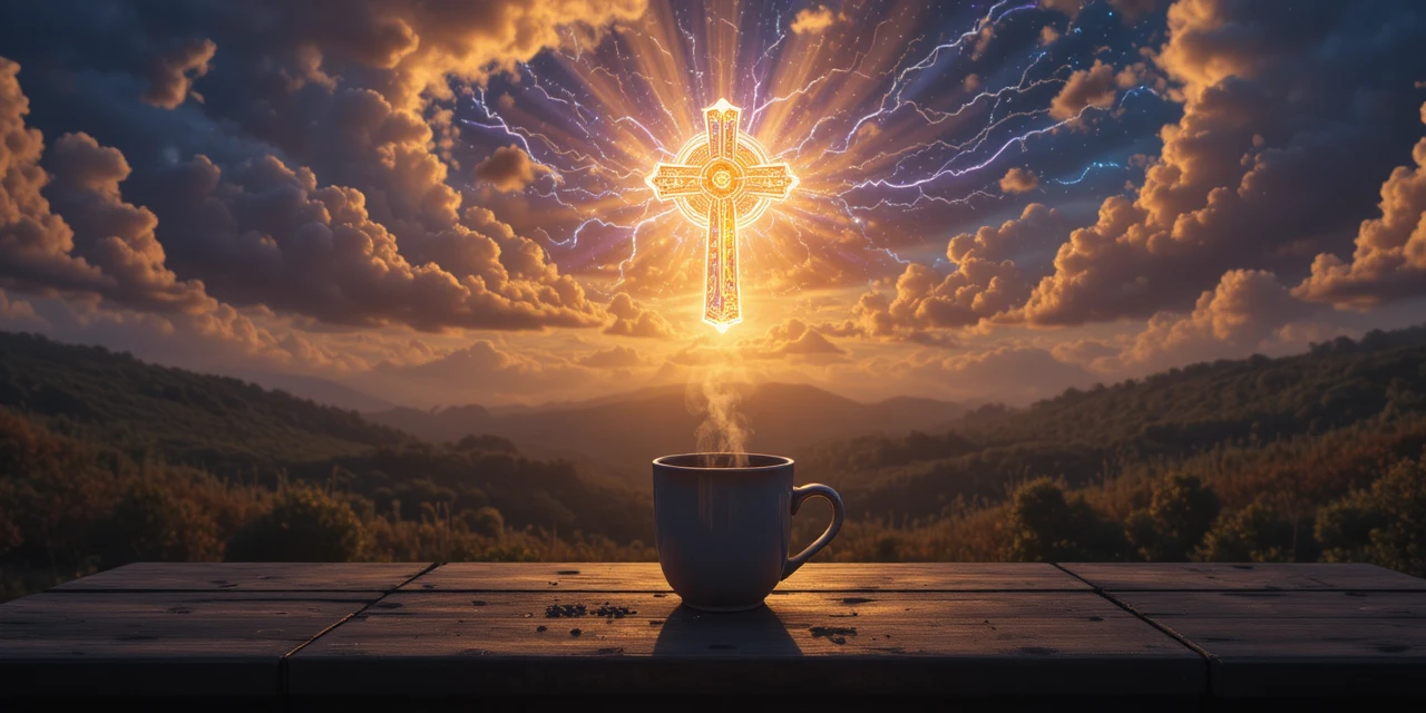 Taza de café humeante con vistas a un cielo cósmico místico