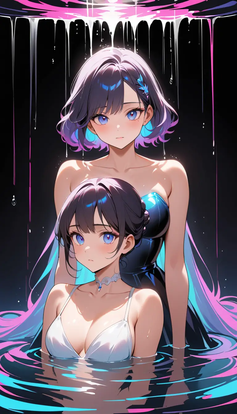 Curvy young woman with man showering over molten lava