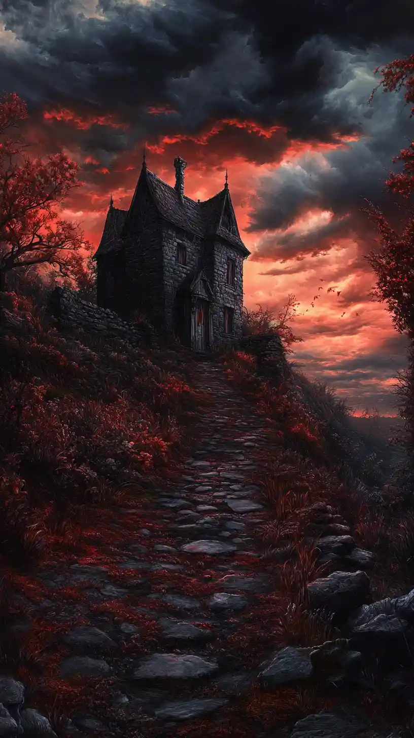 Moody dark fantasy landscape under a stormy dusk sky