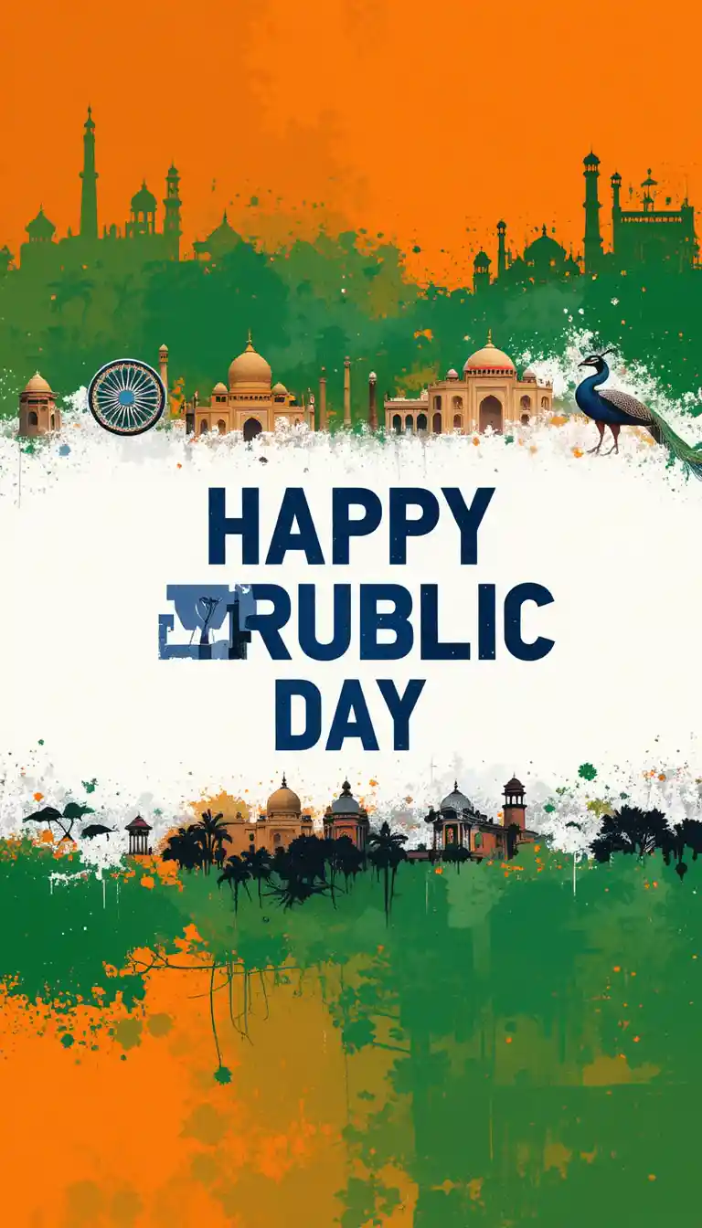 Indian Republic Day collage poster with tricolor and cultural icons