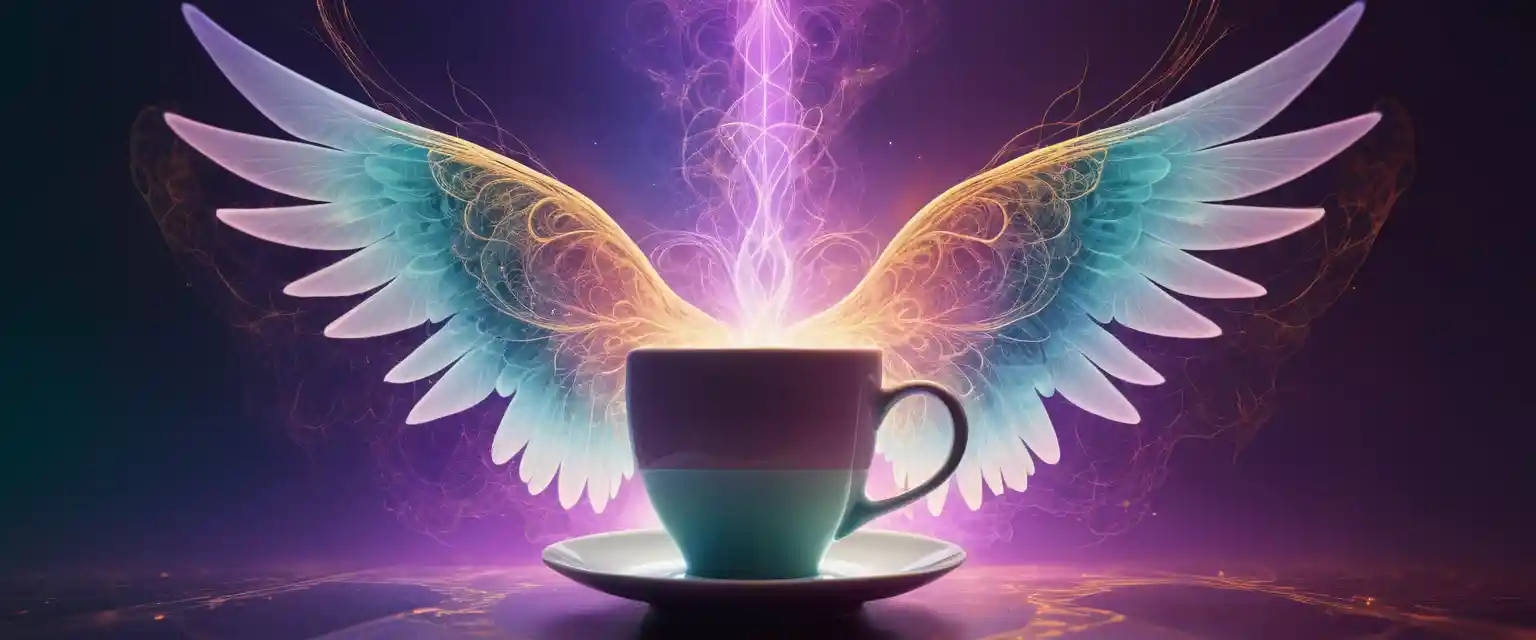 Tazza di caffè fumante che si trasforma in ali angeliche