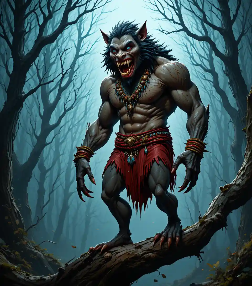 Wilder Werwolf auf einem Ast in einem nebligen, dunklen Wald