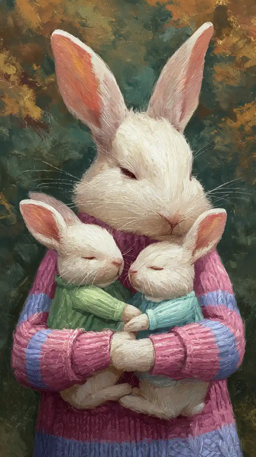 Cute rabbit cuddling two baby bunnies in a forest