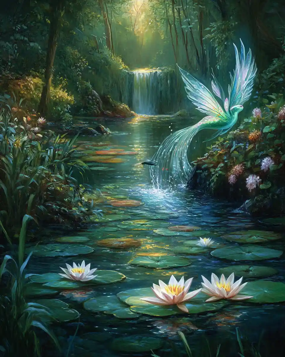 Water nymph gliding through a serene forest pond