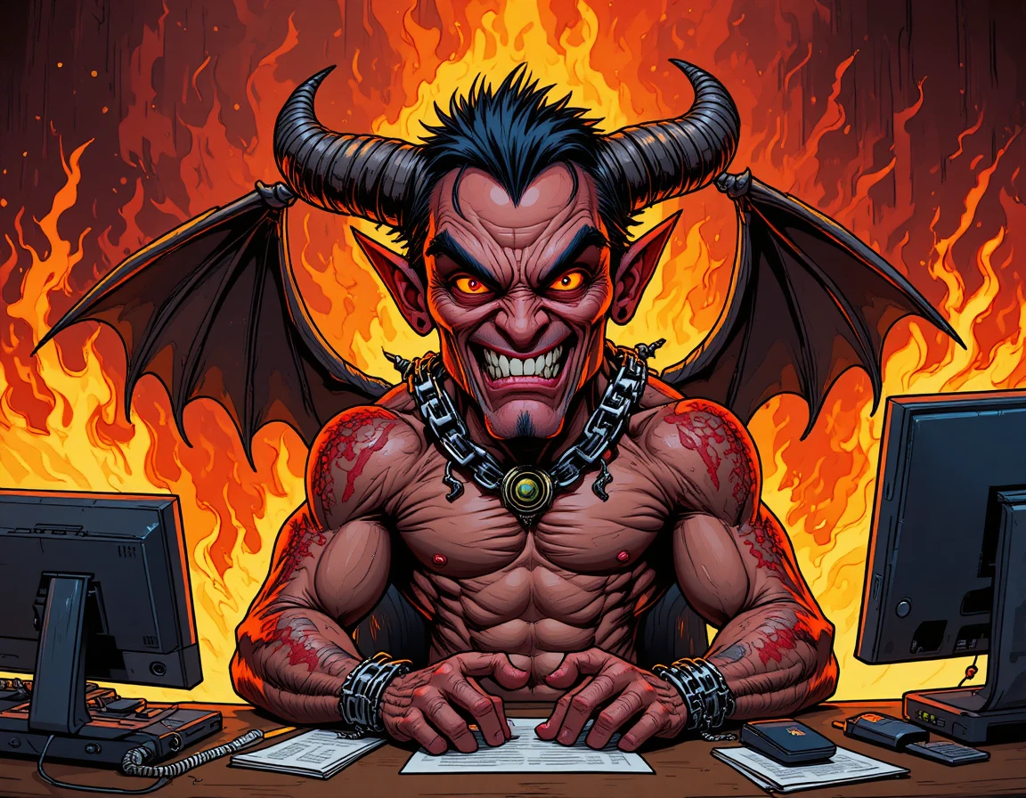 Muscular demon at a desk with blazing hellfire backdrop