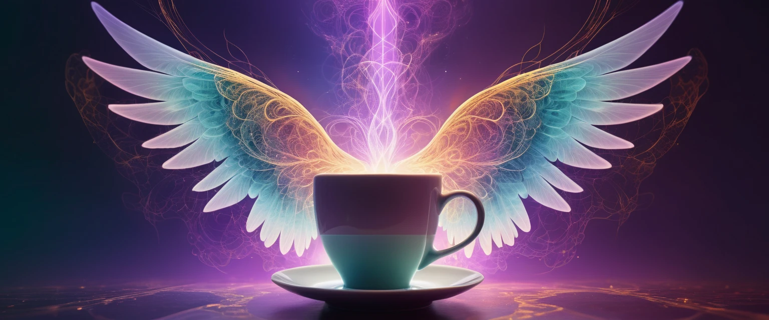 Taza de café humeante que se transforma en alas angelicales