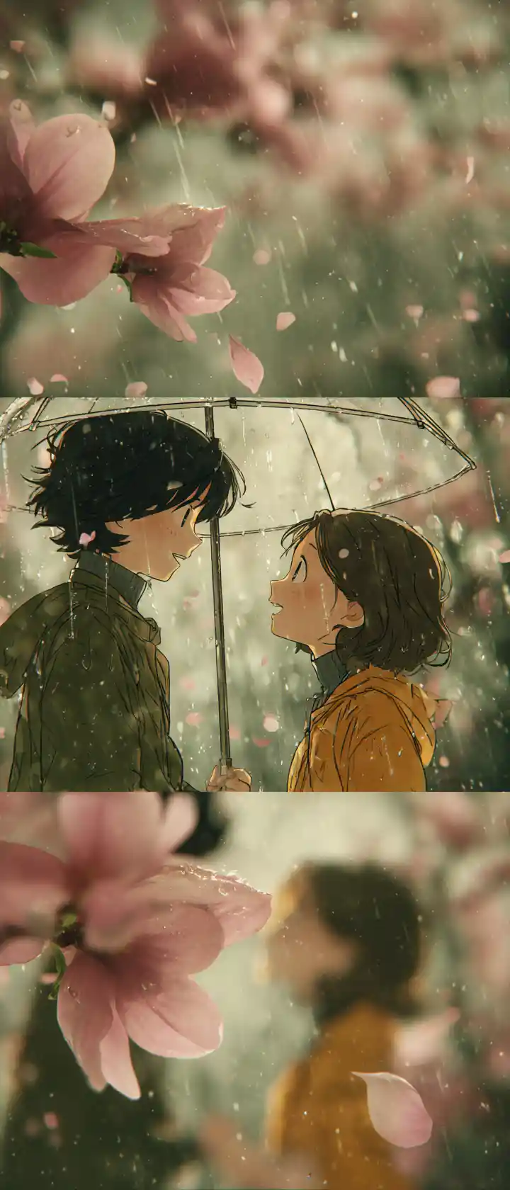 Two friends reunited under a magnolia tree in rain
