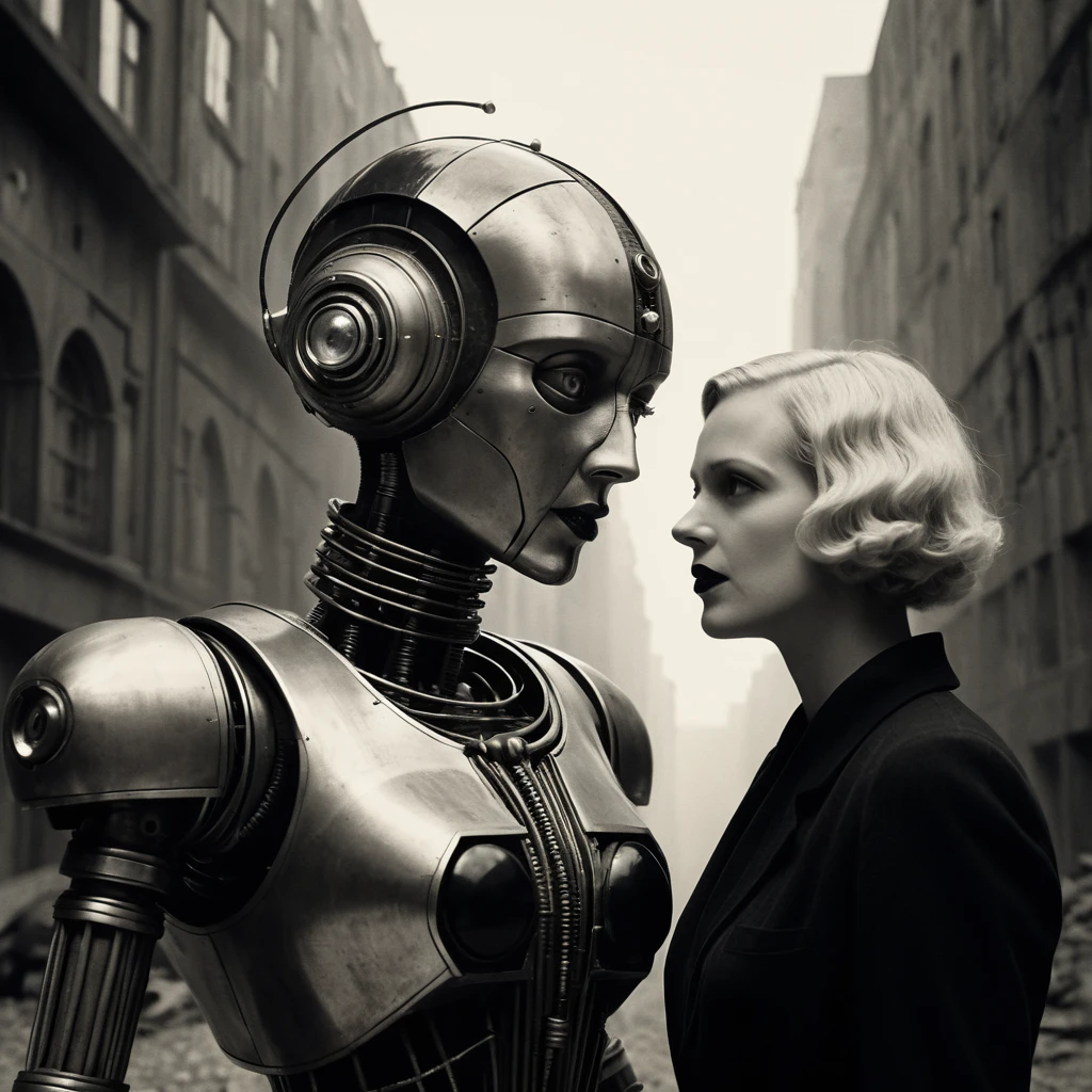 Robot steampunk debatiendo con mujer flapper entre sombras sepia
