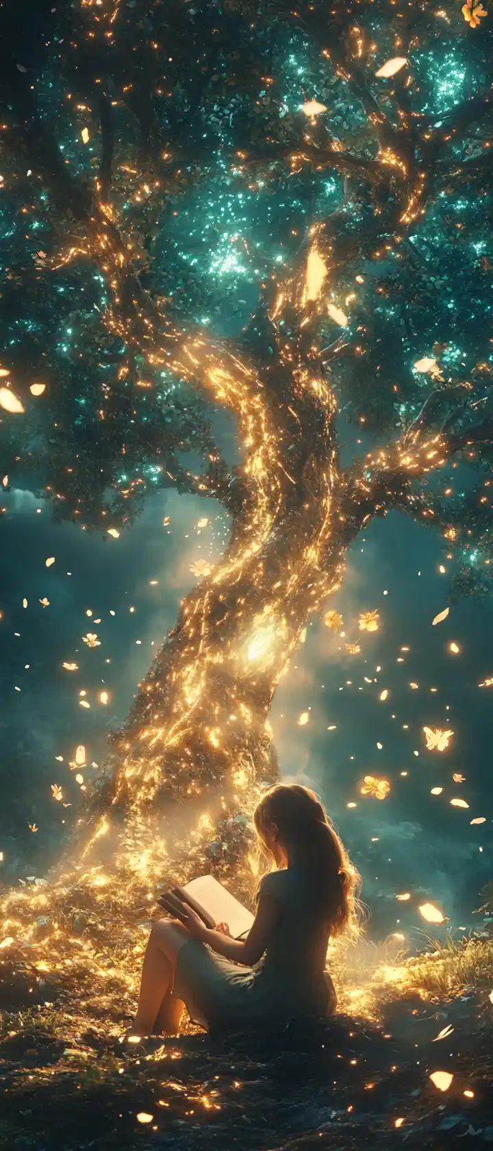 Girl Reading Beneath A Luminous Fantasy Life Tree