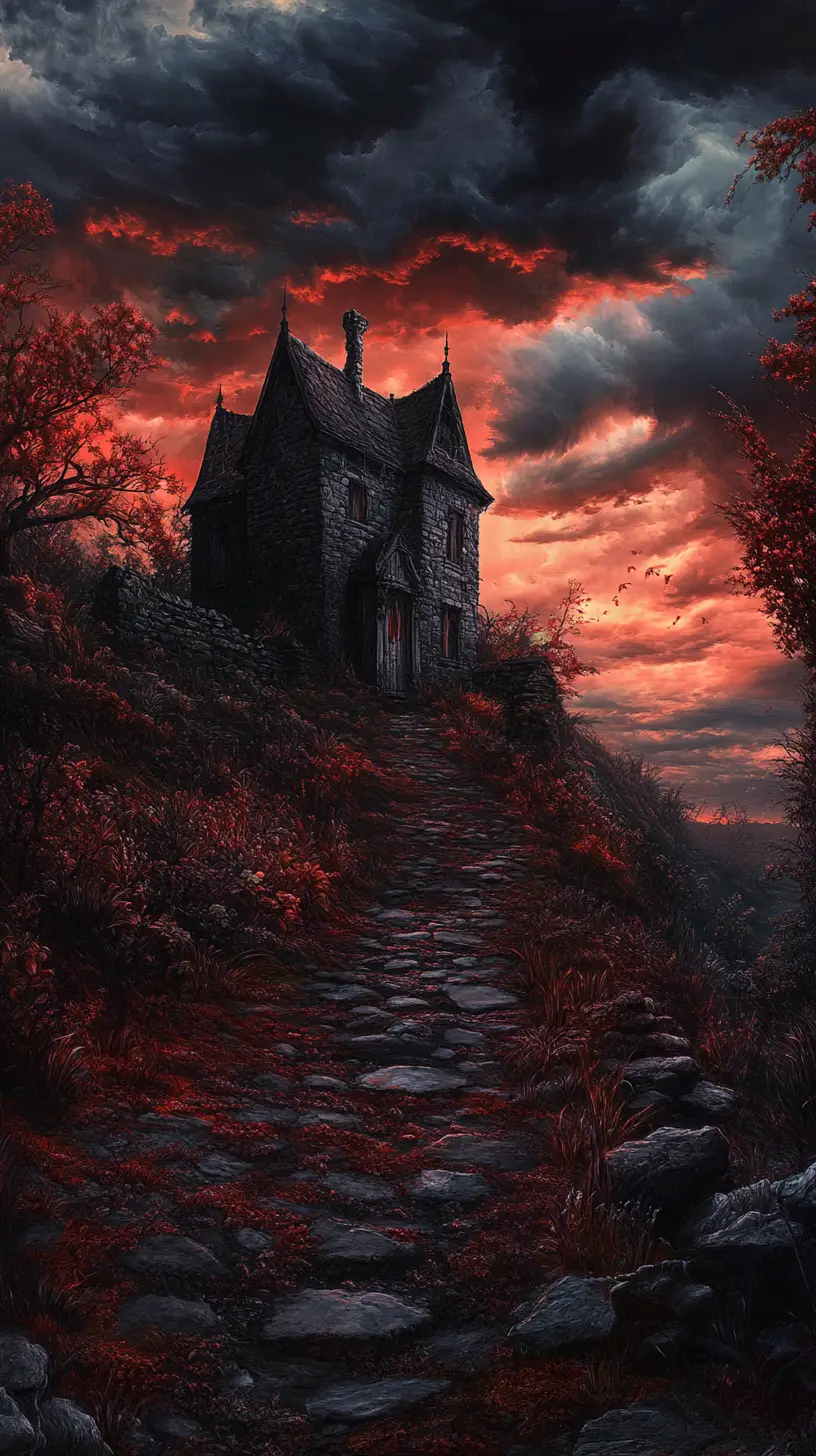 Moody dark fantasy landscape under a stormy dusk sky