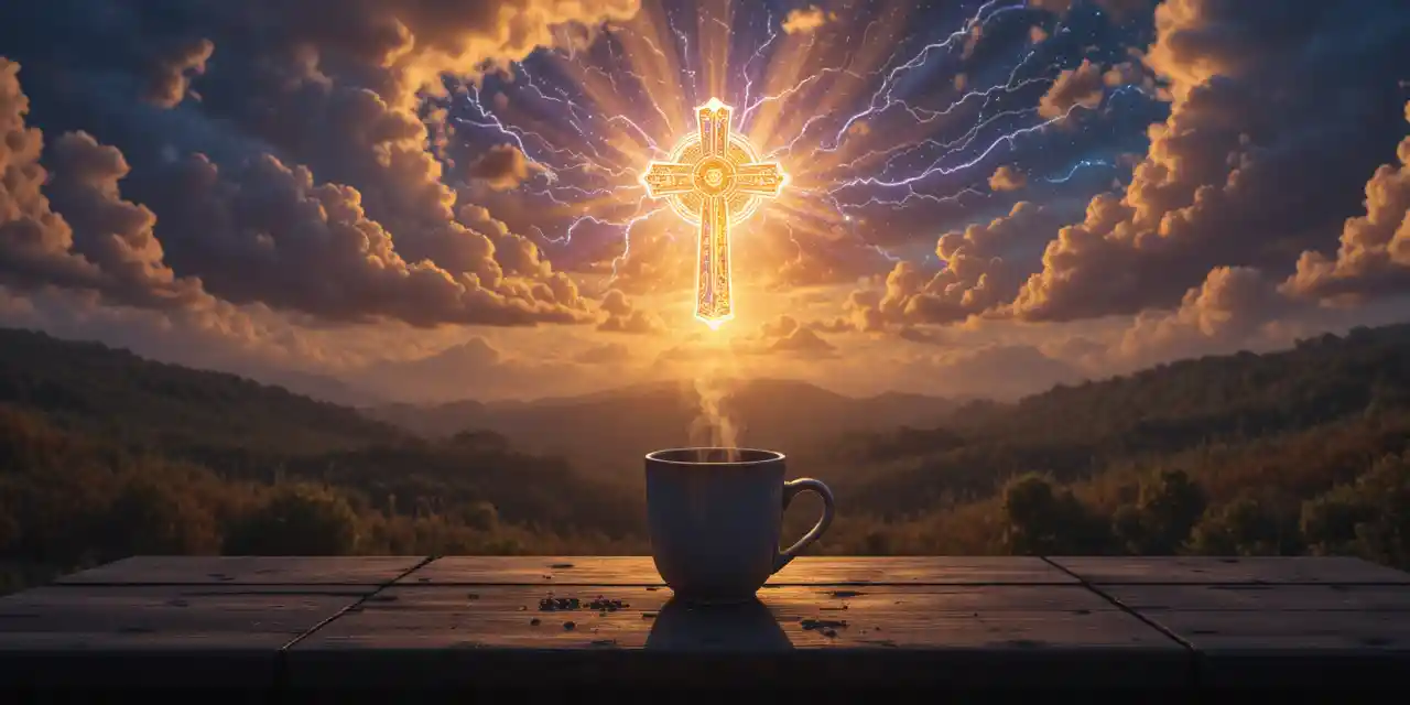 Mug de café fumant face à un ciel cosmique mystique