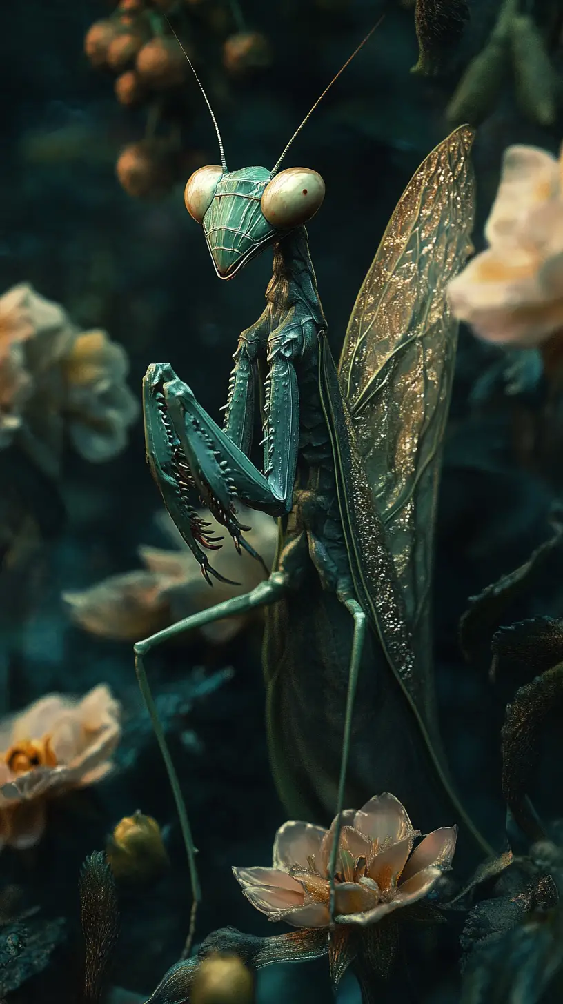 Ilusão surreal de louva-a-deus em cena de flores de fantasia sombria