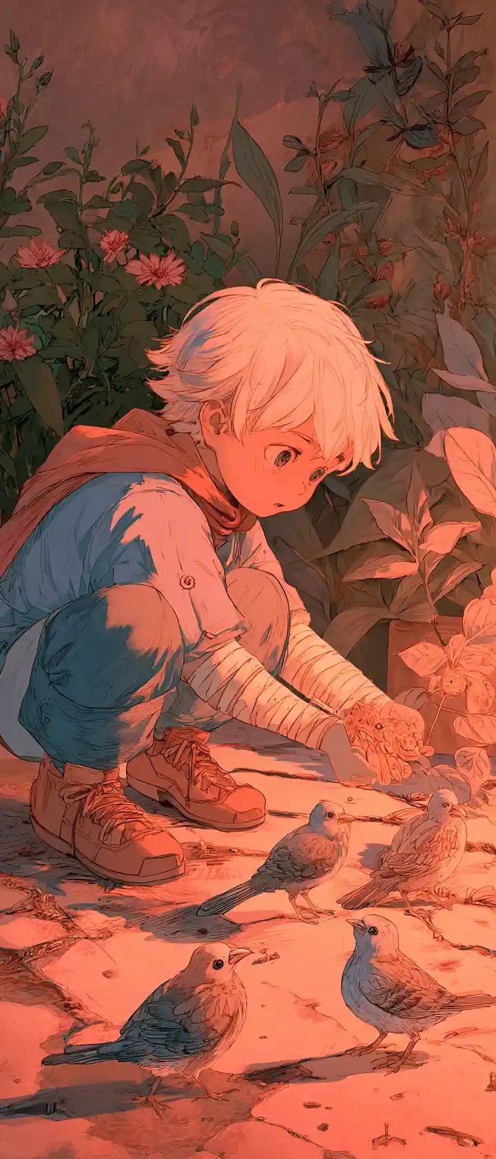 Boy Feeding Injured Birds In A Quiet Hospital Garden