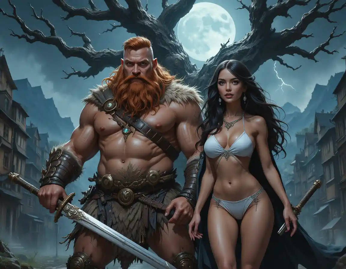 Barbarian warrior and hooded ally facing spectral skeleton attack