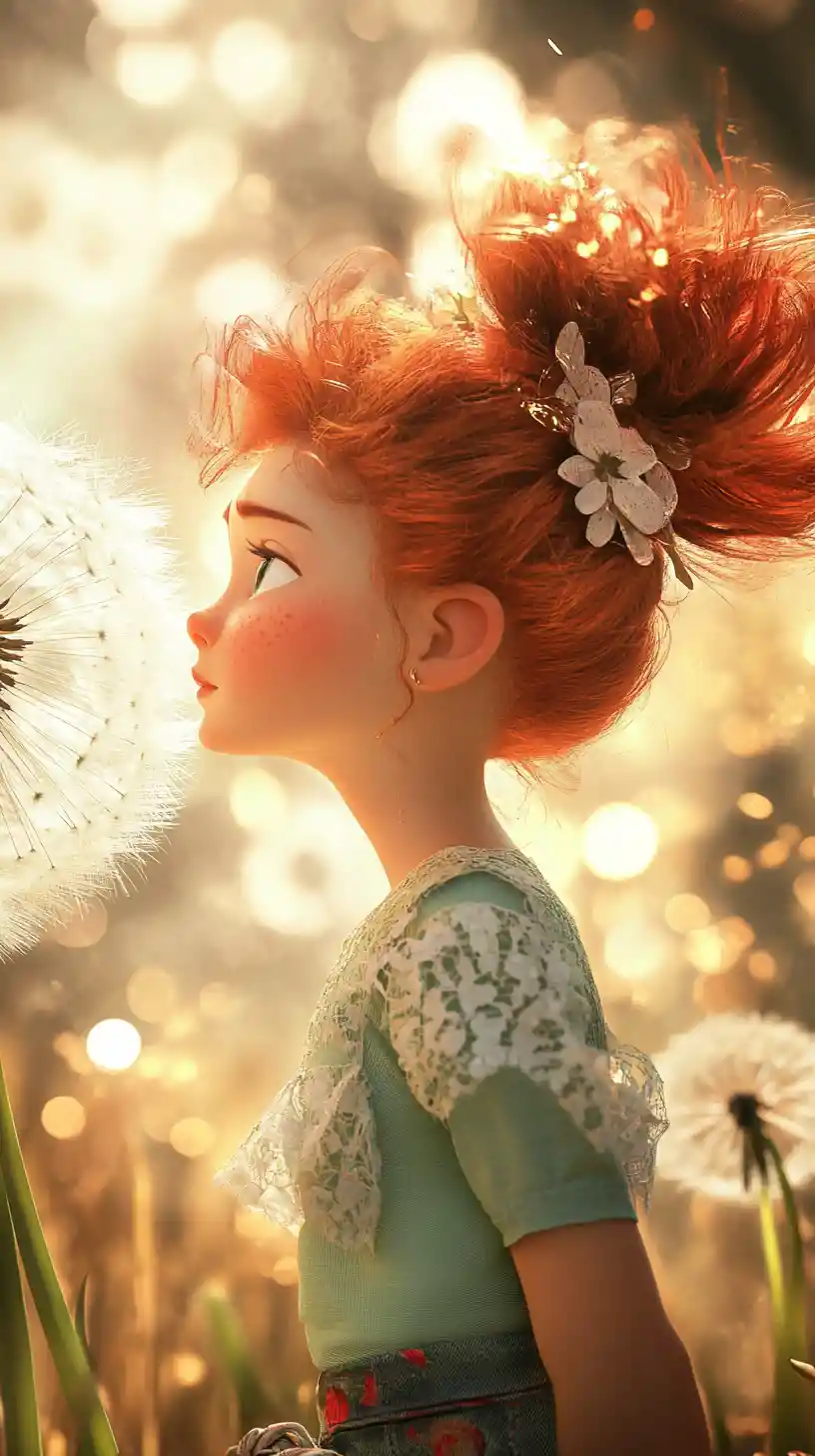 Red haired fairy girl with dandelion in a field