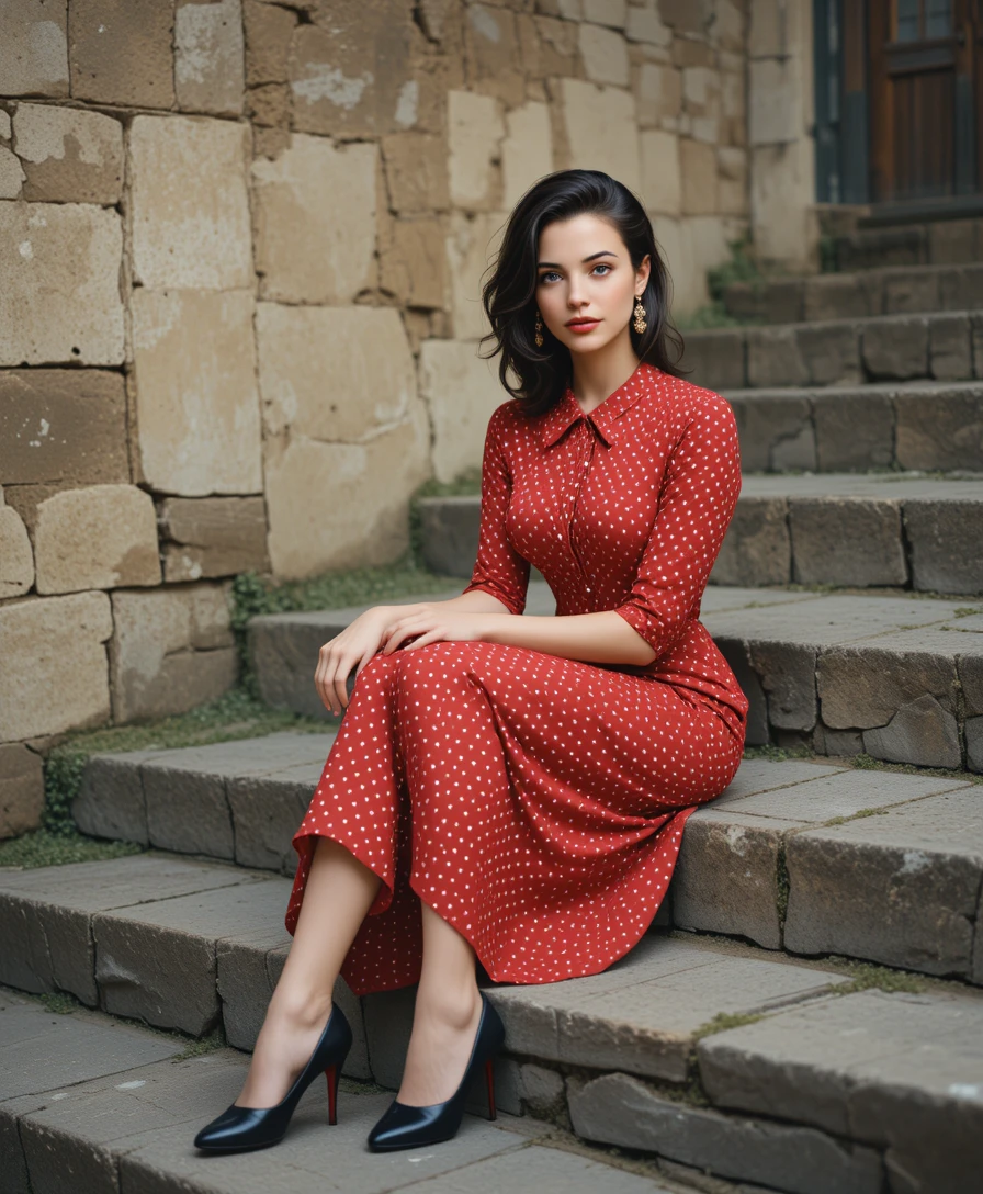 Elegante donna in abito rosso su gradini di pietra muschiosi