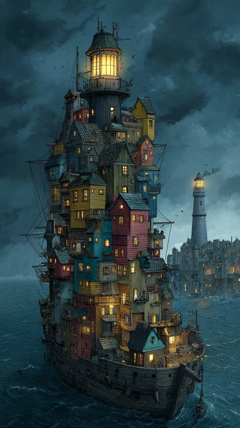 Whimsical houseboat city sailing across a stormy sea