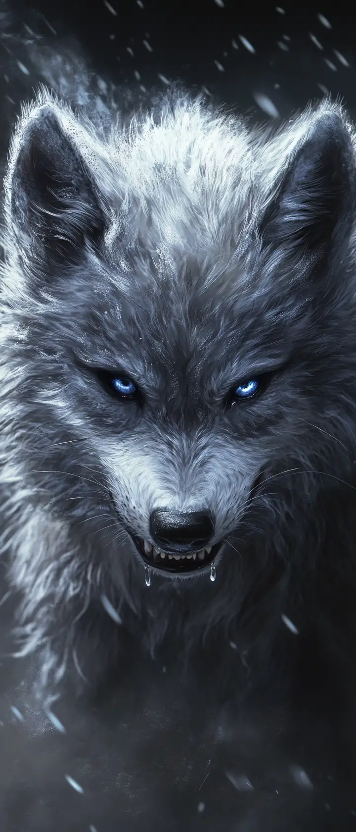 Happy silver wolf cub glowing softly in the moonlight