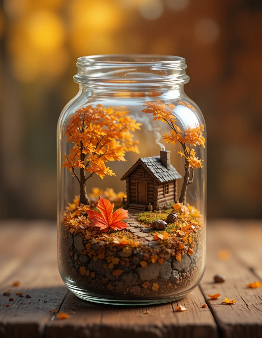 Miniature autumn landscape glowing inside a glass jar