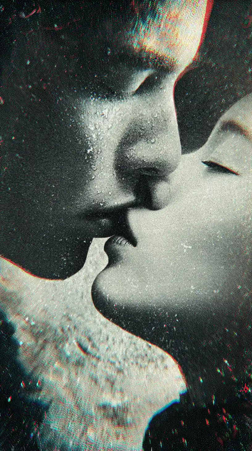 Glitchcore vaporwave collage of a couple in farewell