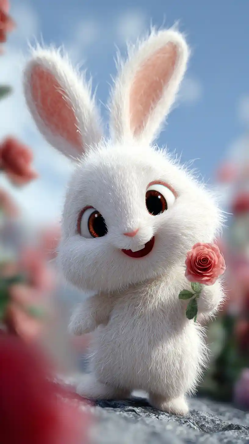 Cute white cartoon rabbit enjoying a sunny day