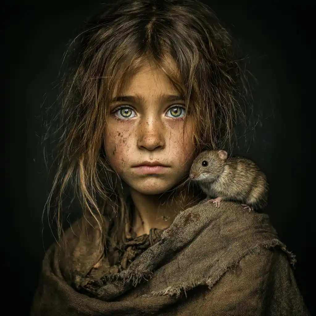 Young girl with mouse companion in a shadowy space