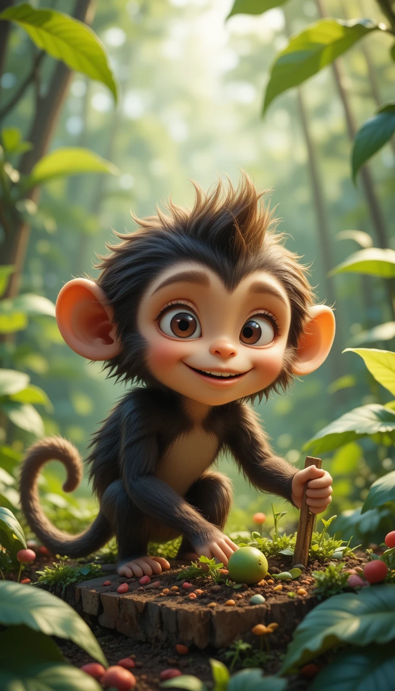 El travieso mono Chiku observa a un agricultor en la jungla