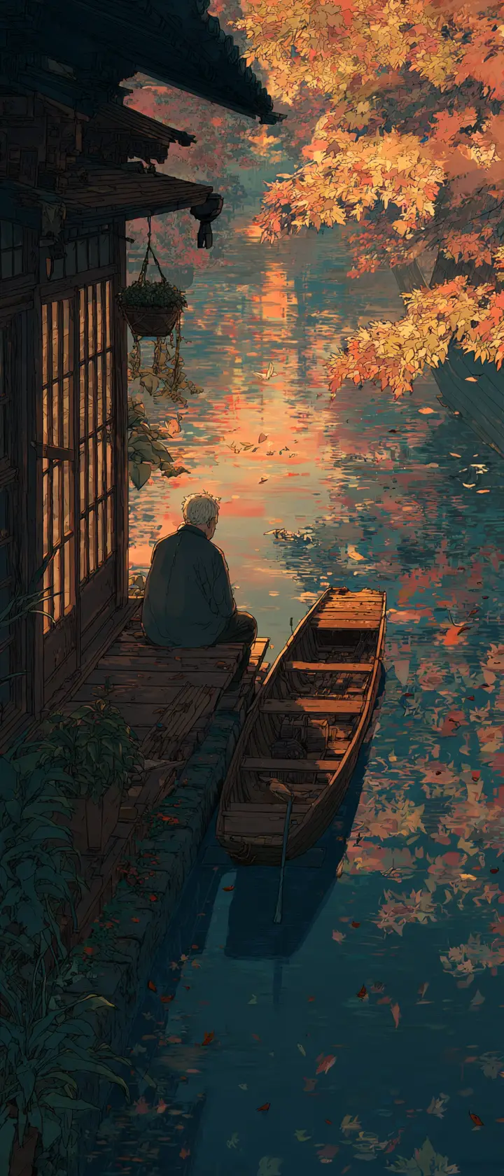 Old Man Carving A Tiny Wooden Boat At Sunset