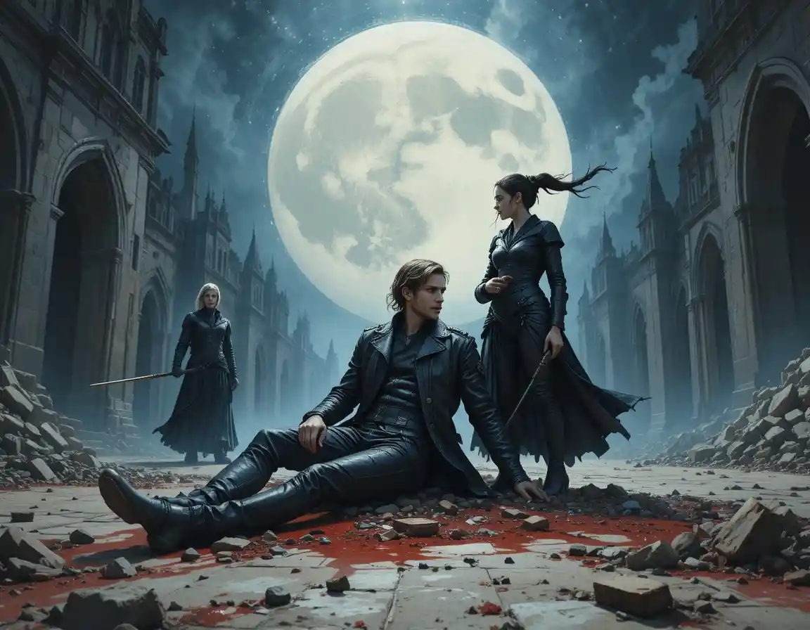 Dark fantasy women in a moonlit gothic battlefield