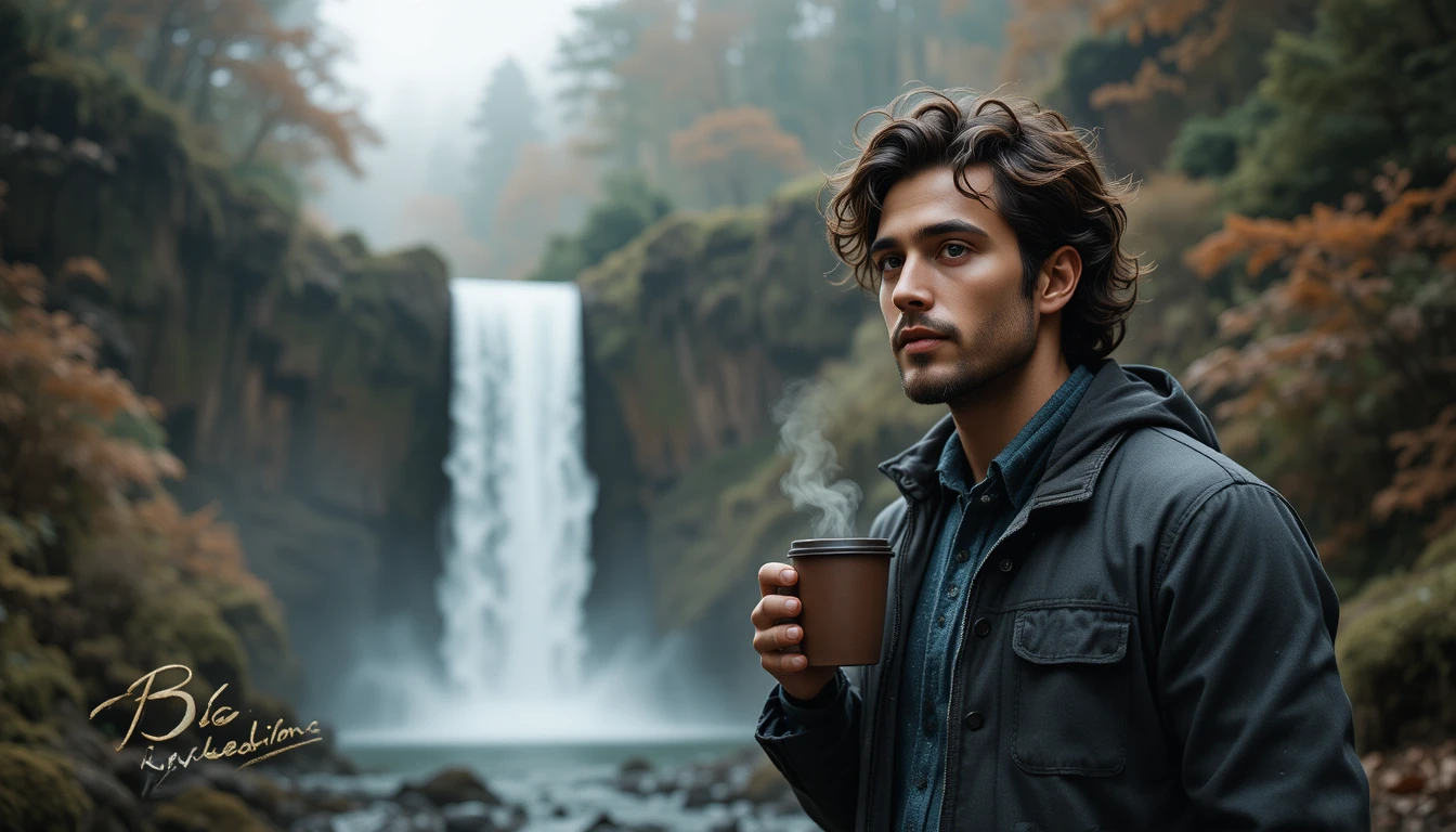 Hombre disfrutando de un café junto a una tranquila cascada japonesa