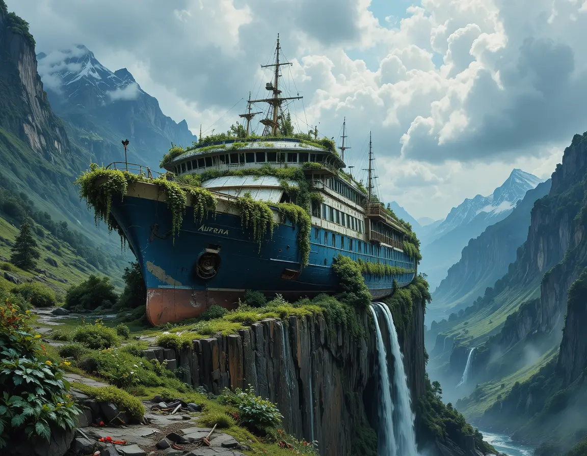 Abandoned cruise ship overgrown with plants on misty cliff