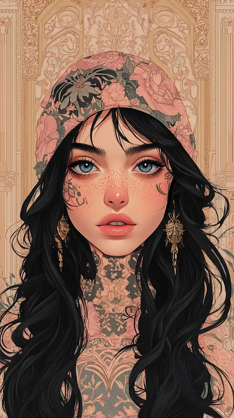 Ragazza malinconica dagli occhi azzurri in un sontuoso palazzo – illustrazione