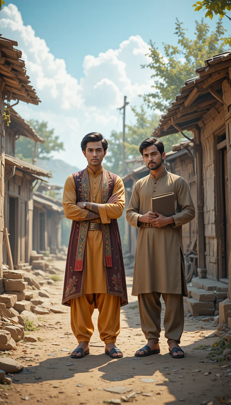 Dos hombres jóvenes en una escena de aldea rural pakistaní