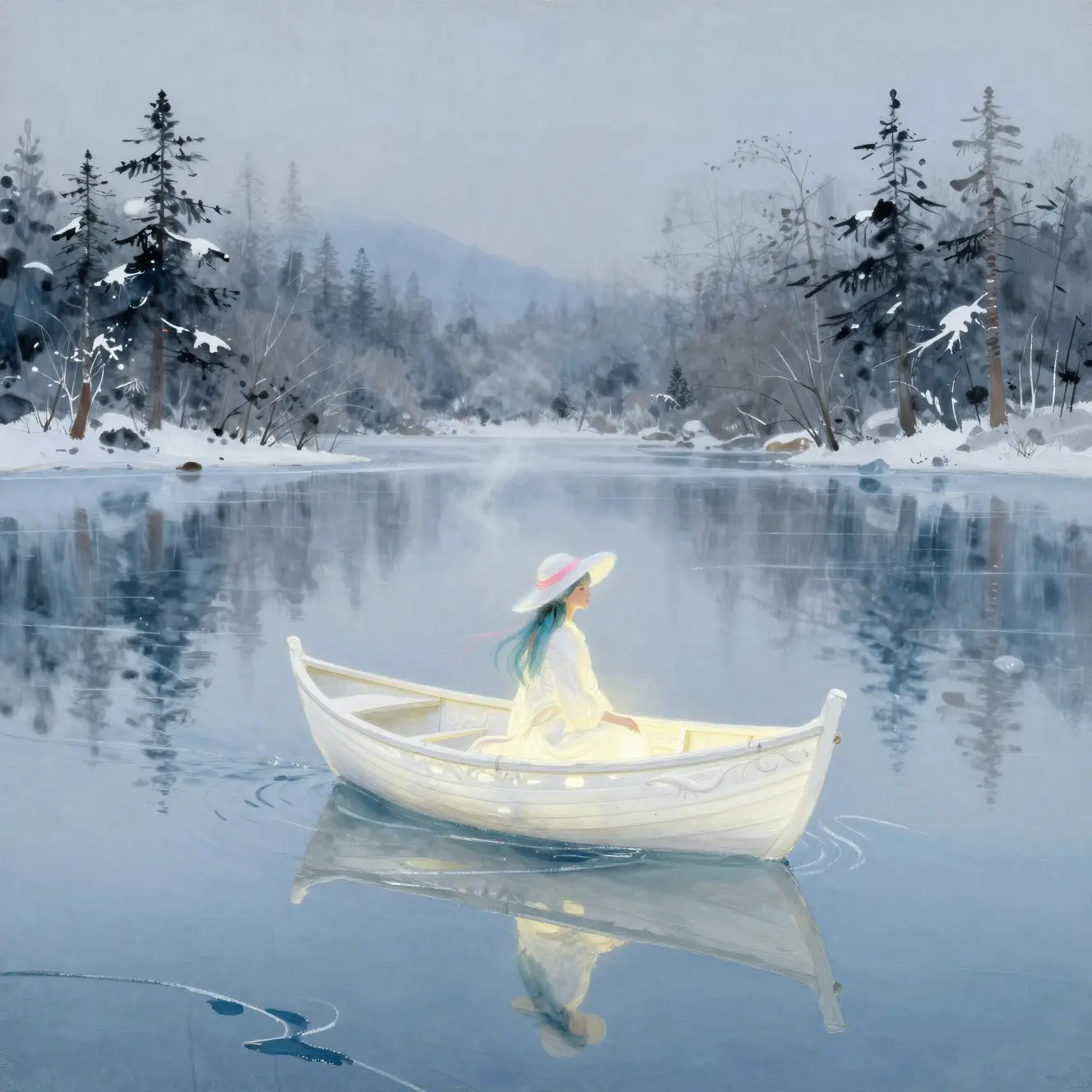 Woman In White On A Tiny Boat In Snowy Lake
