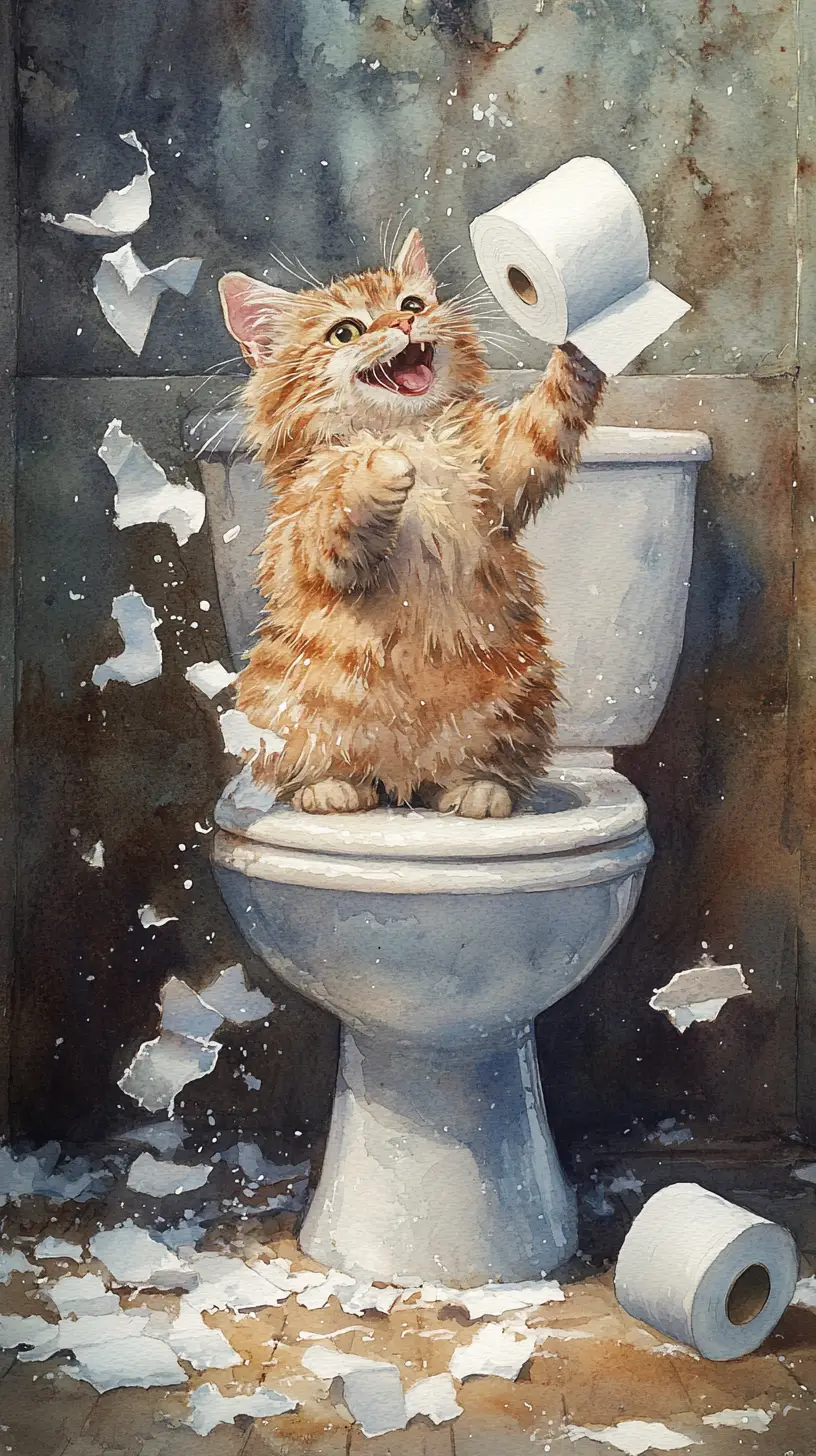 Playful stray cat unrolling toilet paper in a bathroom